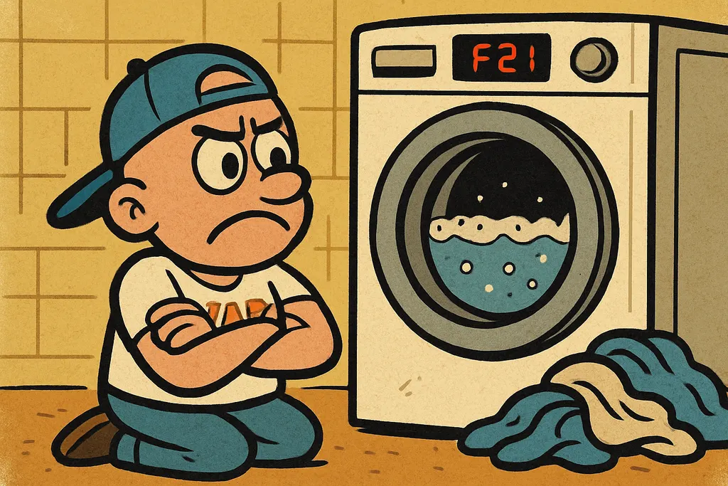 Cartoon scene of a frustrated homeowner standing in front of a Whirlpool front-l