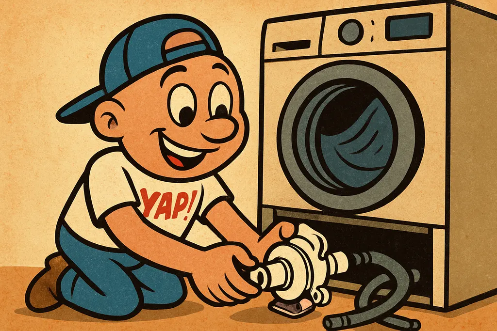 Cartoon scene of the YAP Dude kneeling on the laundry room floor in front of a W