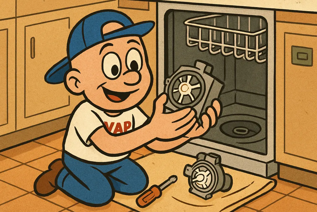 Cartoon scene of the YAP Dude kneeling on a kitchen floor in front of an open GE