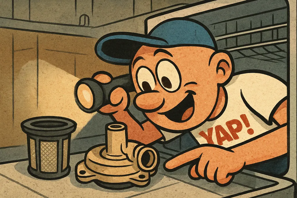 Cartoon close-up scene of the YAP Dude crouching in front of an open GE dishwash