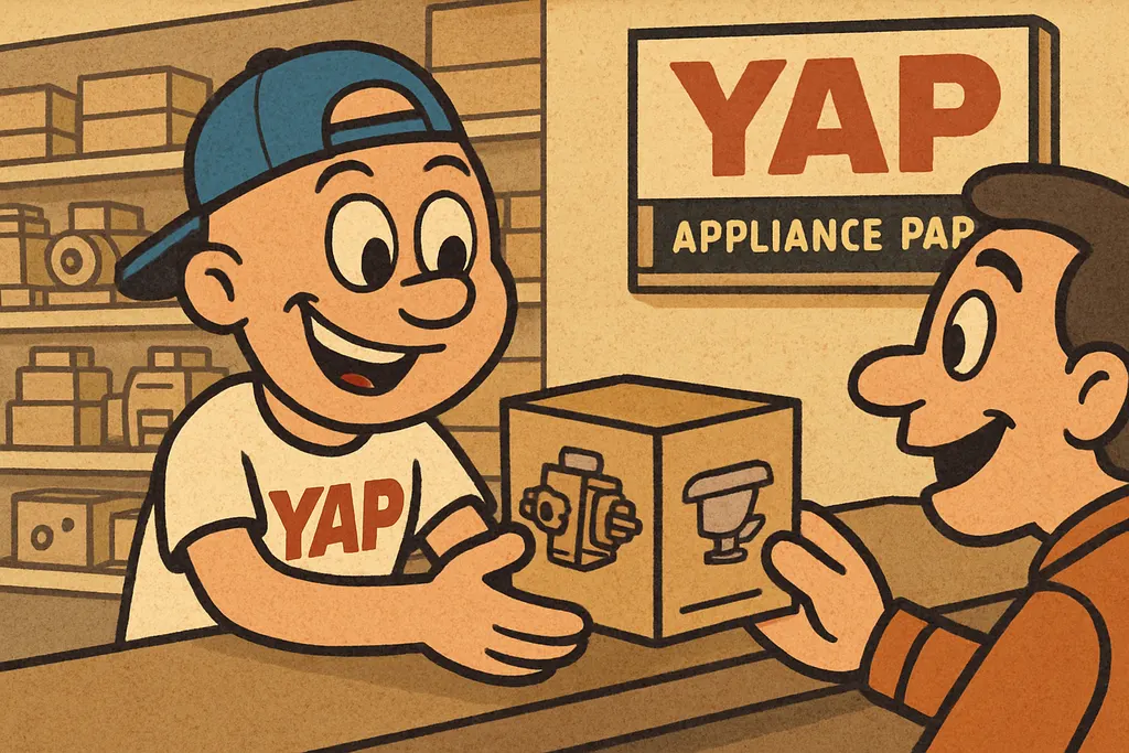 Cartoon scene inside the YAP appliance parts store in Piedmont, Oklahoma. The YA