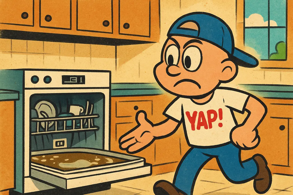 Cartoon scene inside a kitchen. A frustrated homeowner stands in front of an ope