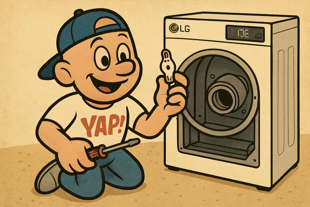 YAP Dude kneeling on a laundry room floor beside an LG dryer with the back panel