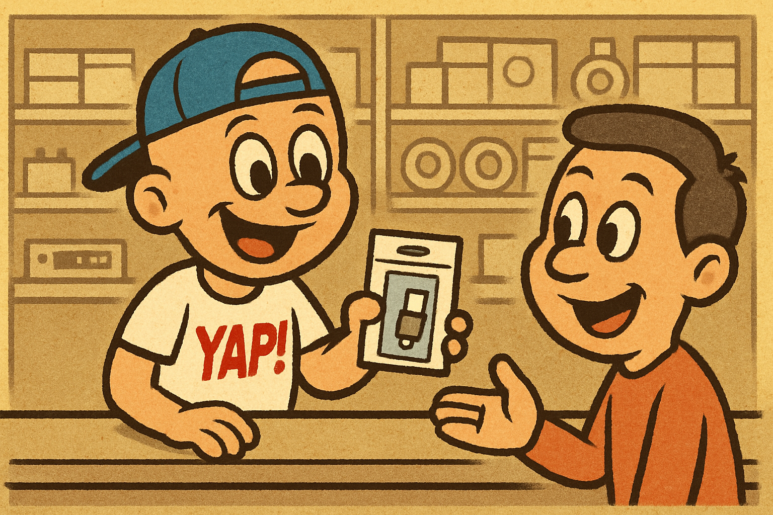 Inside the YAP appliance parts store in Piedmont, Oklahoma, YAP Dude standing be