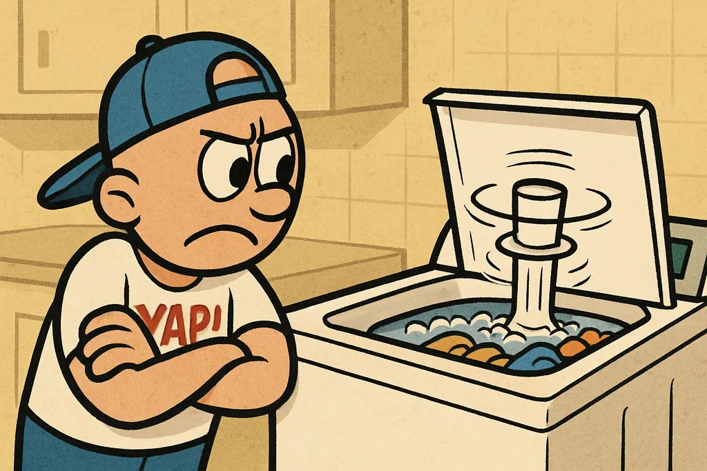 Cartoon scene inside a laundry room. A frustrated homeowner stands beside a top-