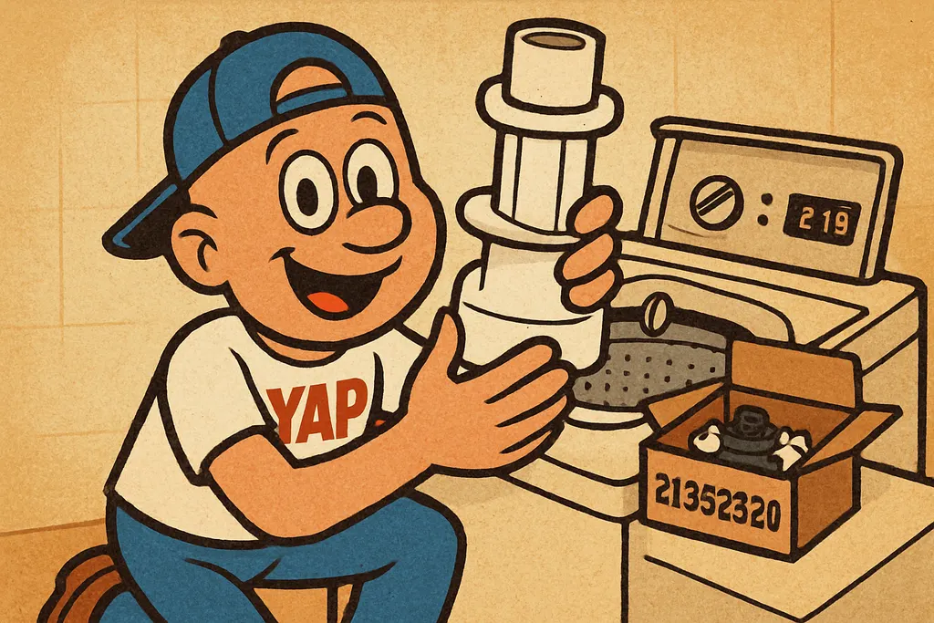 Cartoon scene of YAP Dude kneeling beside a Maytag top-load washer, his hands pr