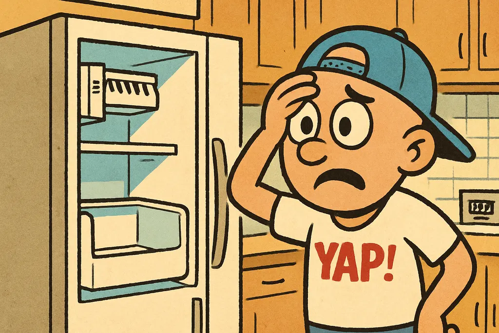 Cartoon scene inside a kitchen. A frustrated homeowner stands in front of an ope