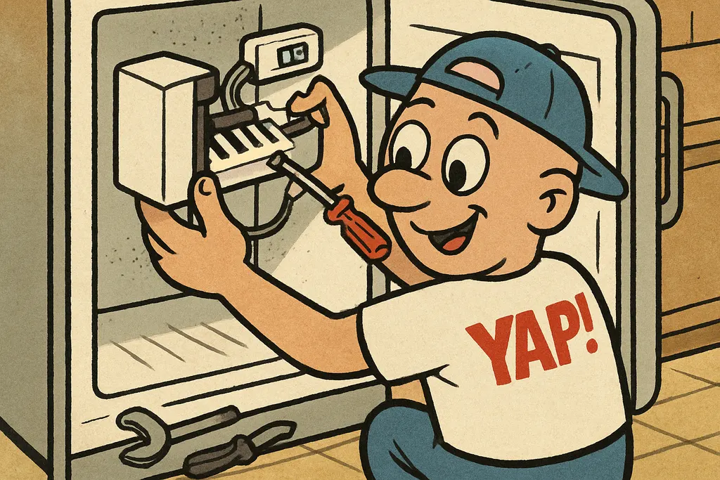 Cartoon scene in a home kitchen. The YAP Dude is crouched in front of an open Wh