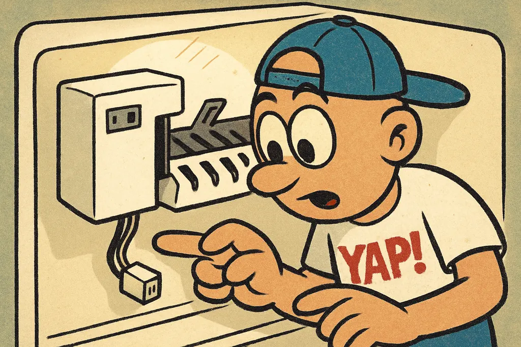 Cartoon close-up scene inside a Whirlpool freezer compartment. The YAP Dude is l