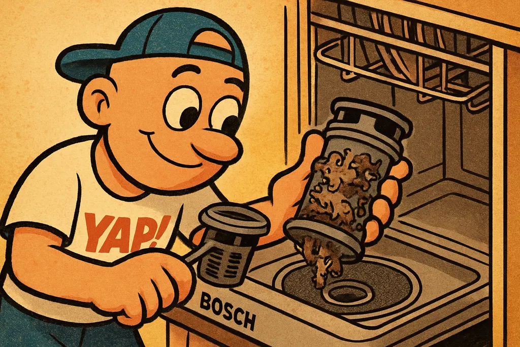 YAP Dude leaning in close over an open Bosch dishwasher, his hands carefully lif