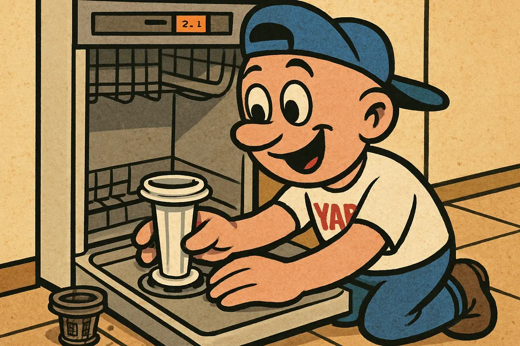 YAP Dude kneeling in front of an open Bosch dishwasher in a home kitchen, his ha