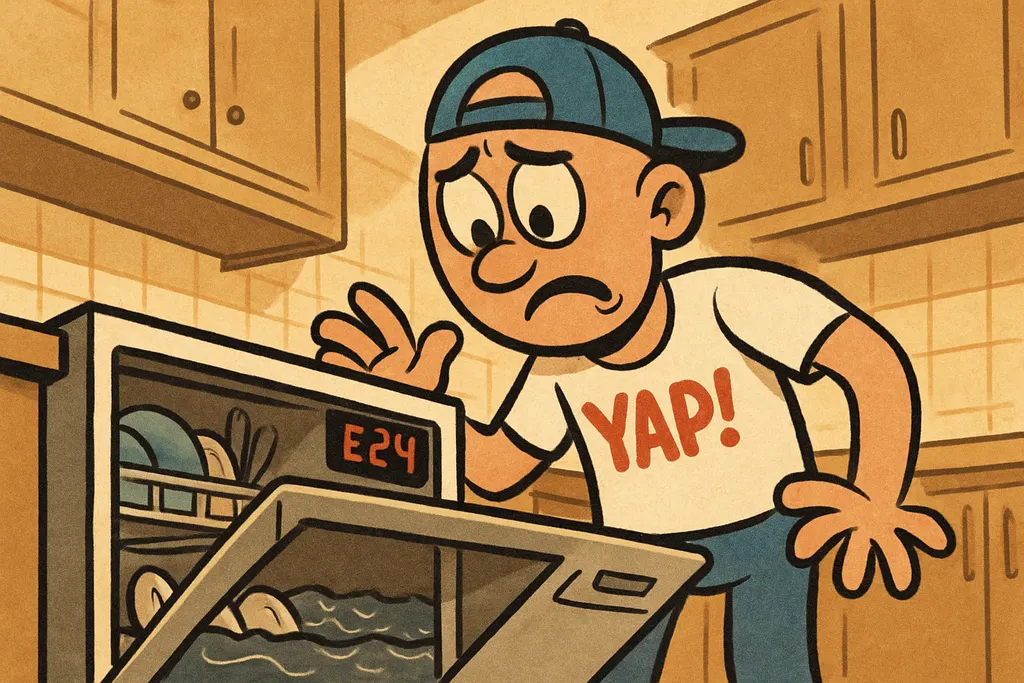 A cartoon scene inside a home kitchen. A frustrated homeowner stands in front of