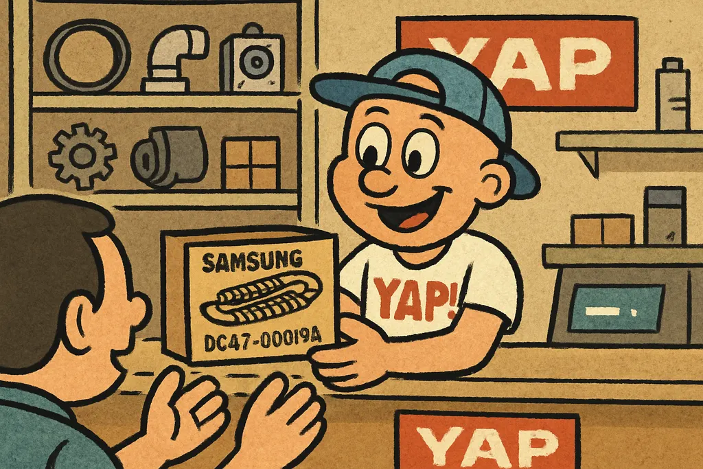 Inside the YAP appliance parts store in Piedmont, Oklahoma, cartoon storefront 