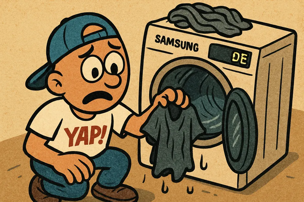 A cartoon scene in a laundry room: YAP Dude standing next to an open Samsung ele