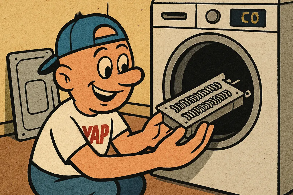 YAP Dude crouched at the back of an open Samsung electric dryer, his hands caref