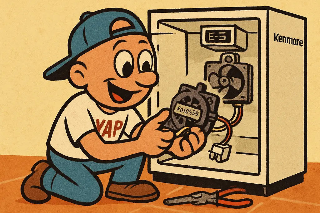 YAP Dude kneeling in front of an open Kenmore freezer, actively installing a bra