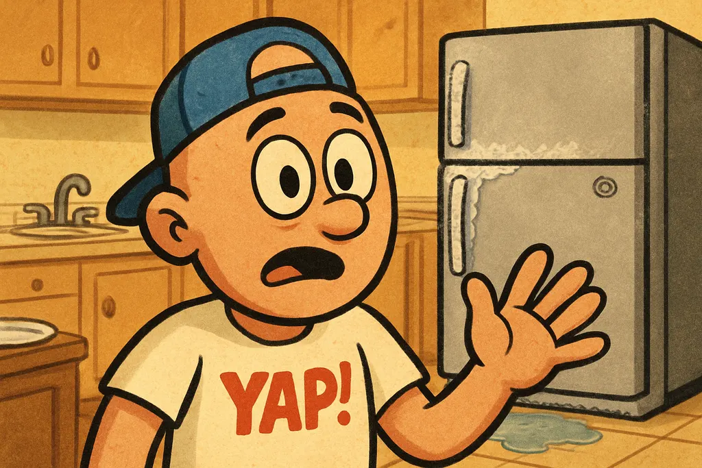 A wide cartoon scene set in a cozy kitchen. A GE Profile refrigerator stands aga