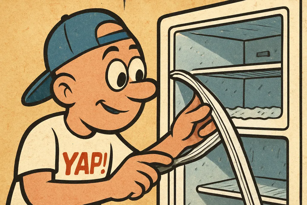 YAP Dude leaning in close to an open GE Profile refrigerator door, his hands car