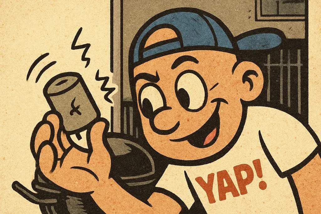 Cartoon close-up scene set behind the Frigidaire upright freezer. YAP Dude is cr