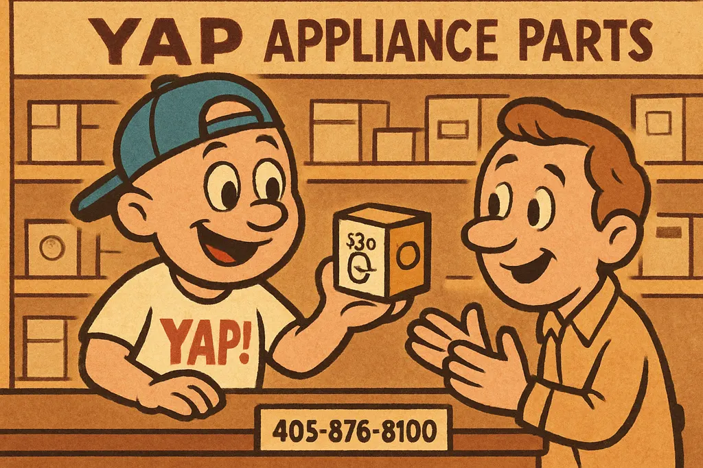 Cartoon scene inside the YAP Appliance Parts store in Piedmont, OK. YAP Dude is 