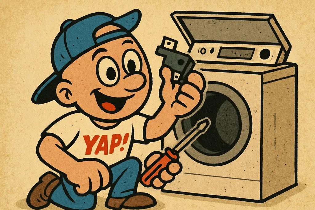 YAP Dude kneeling in front of a Whirlpool dryer with the top panel propped open,