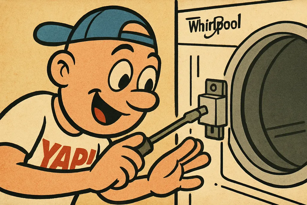 YAP Dude leaning in close to the open front panel of a Whirlpool dryer, his hand