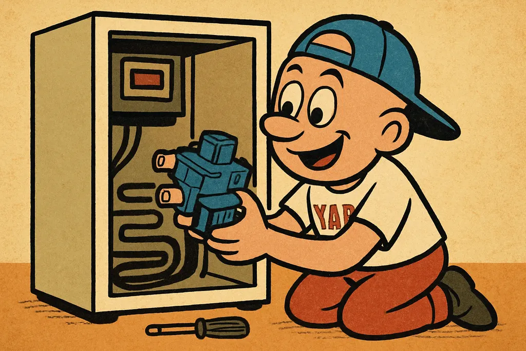 YAP Dude kneeling behind a Maytag refrigerator with the back panel off, his hand