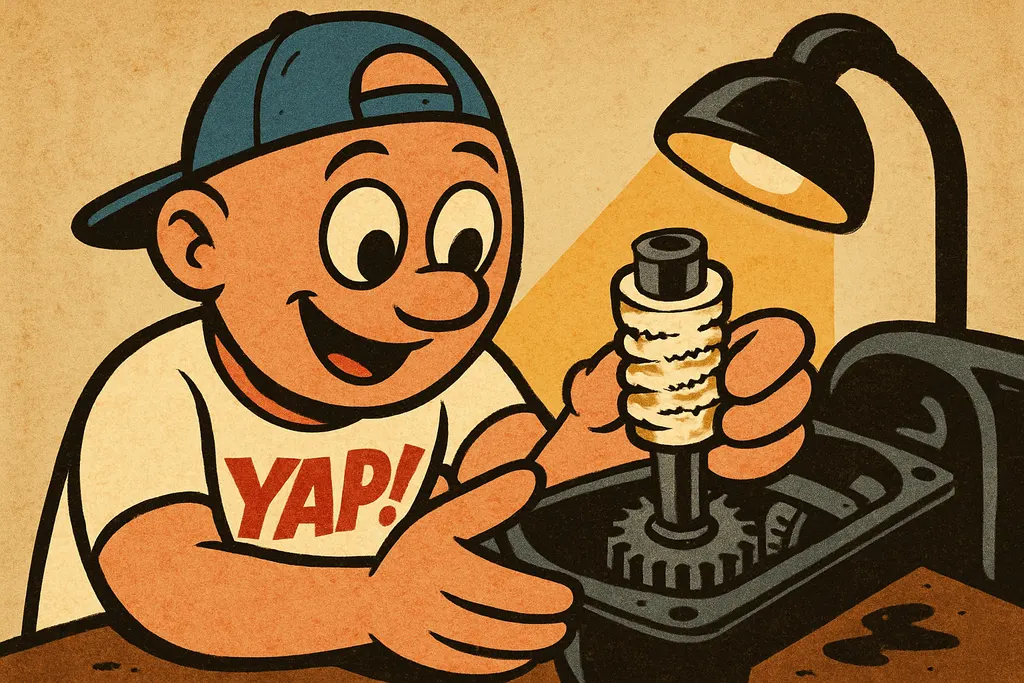 Cartoon scene of the YAP Dude leaning in close over the open head of a disassemb