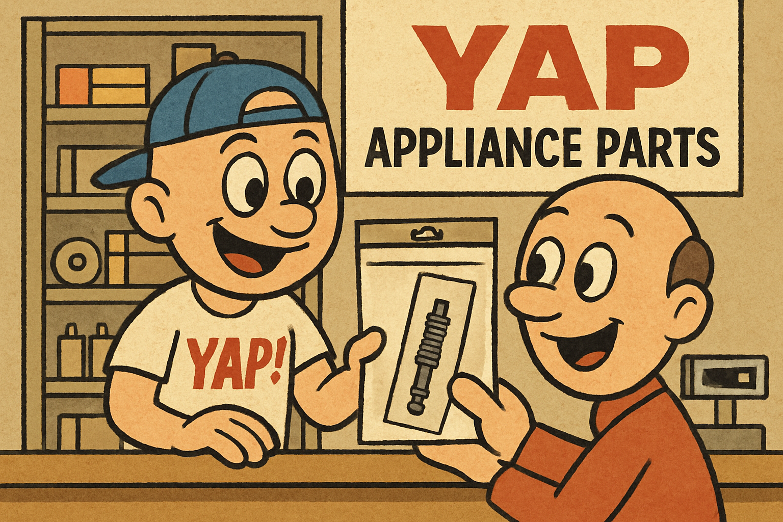 Cartoon scene inside the YAP appliance parts shop in Piedmont, Oklahoma, with th