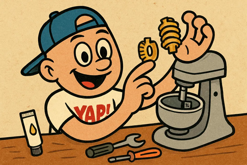 Cartoon scene of the YAP Dude confidently installing a brand-new W10916114 worm 