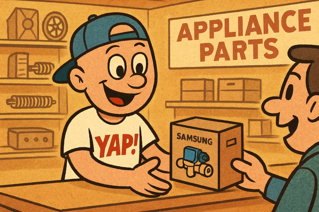 Cartoon scene inside the YAP appliance parts store in Piedmont, Oklahoma. The YA
