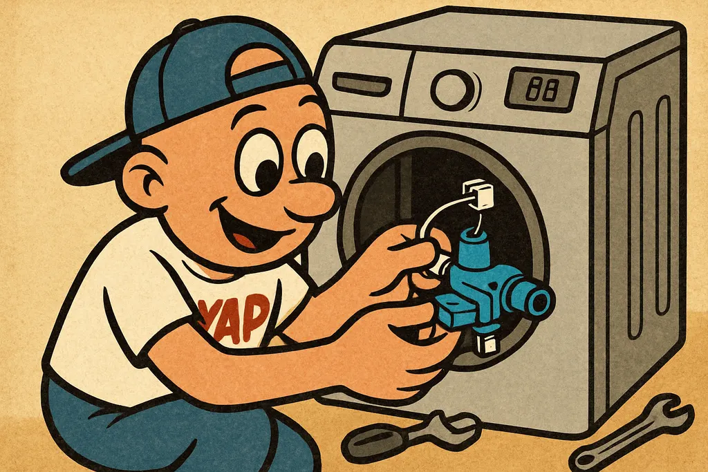 YAP Dude crouched behind a Samsung washer with the back panel off, confidently i