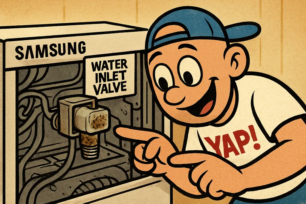 YAP Dude leaning in close behind a Samsung washer that has its back panel remove