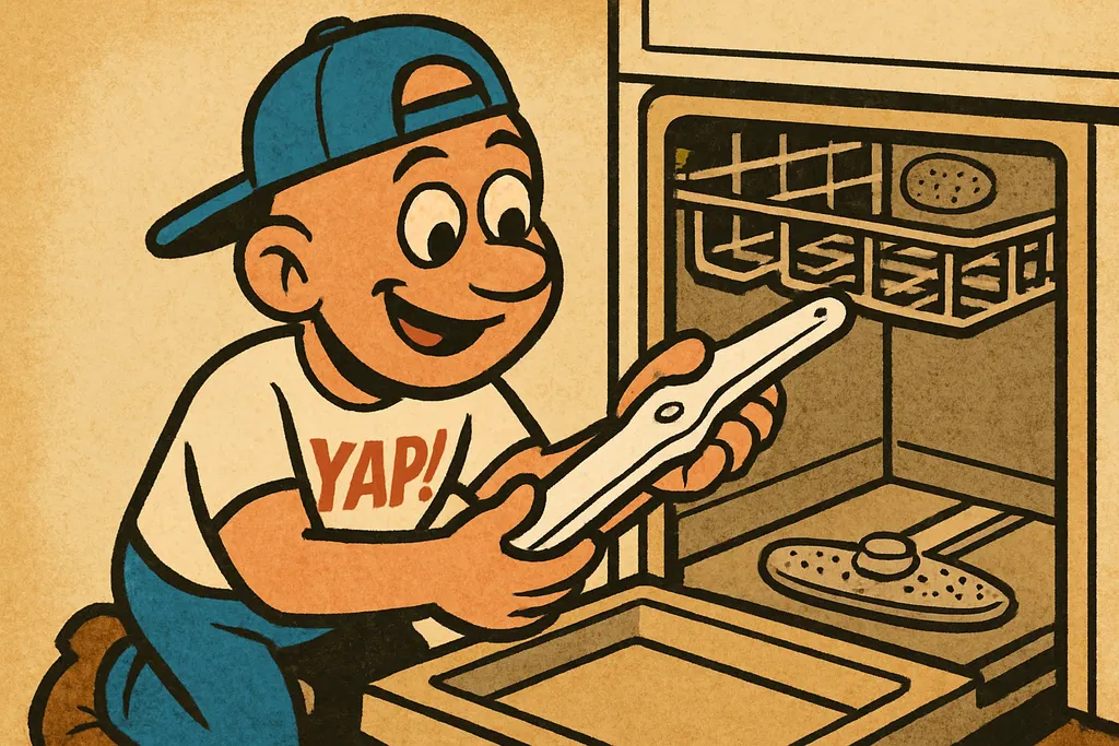 Cartoon scene of the YAP Dude kneeling in front of an open Whirlpool dishwasher 