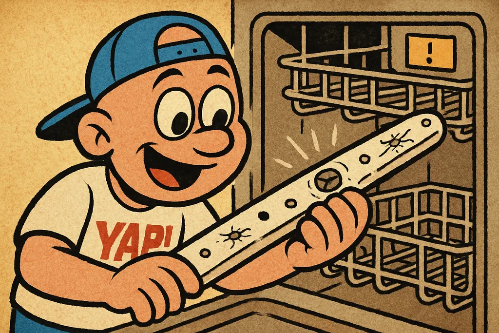 Cartoon scene close-up inside a Whirlpool dishwasher. The YAP Dude is leaning in