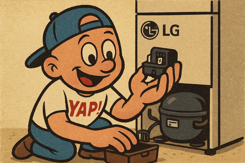 YAP Dude crouching confidently behind an LG refrigerator, pressing a new OEM LG 