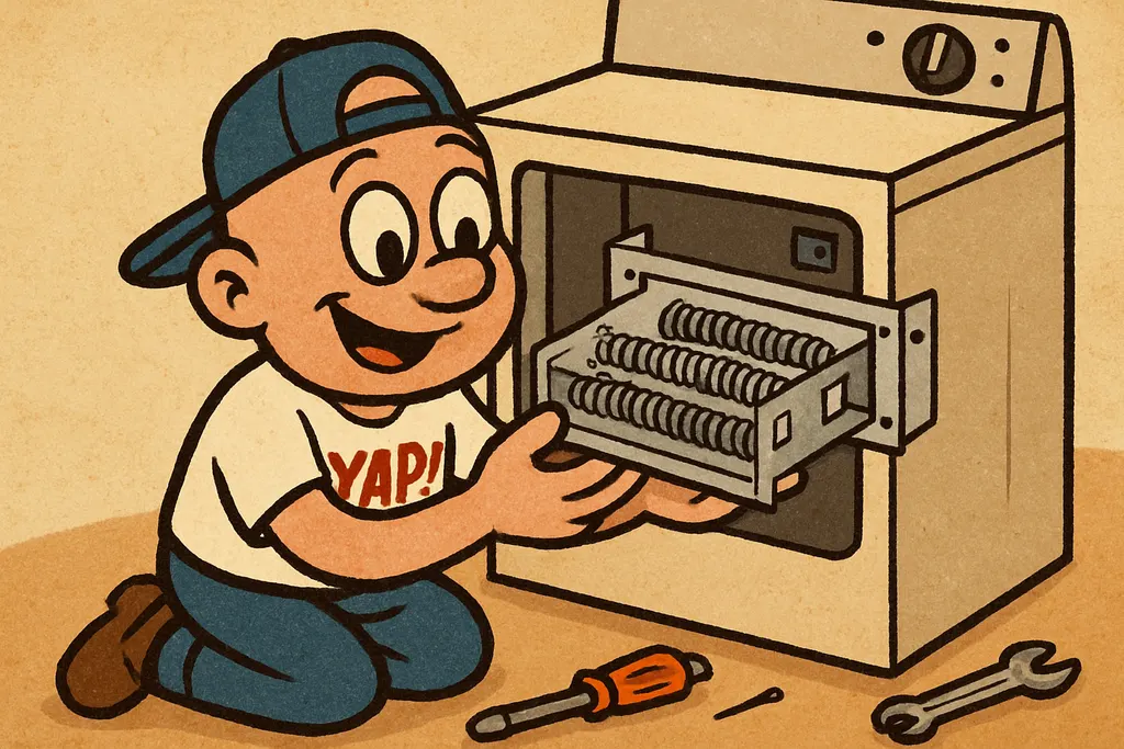 YAP Dude kneeling behind a Frigidaire electric dryer with the back panel off, hi
