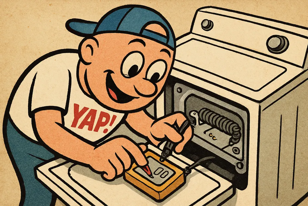 YAP Dude leaning in close behind a Frigidaire electric dryer with its back panel
