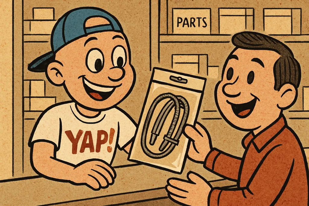 Cartoon scene inside the YAP parts store in Piedmont, Oklahoma. The YAP Dude is 