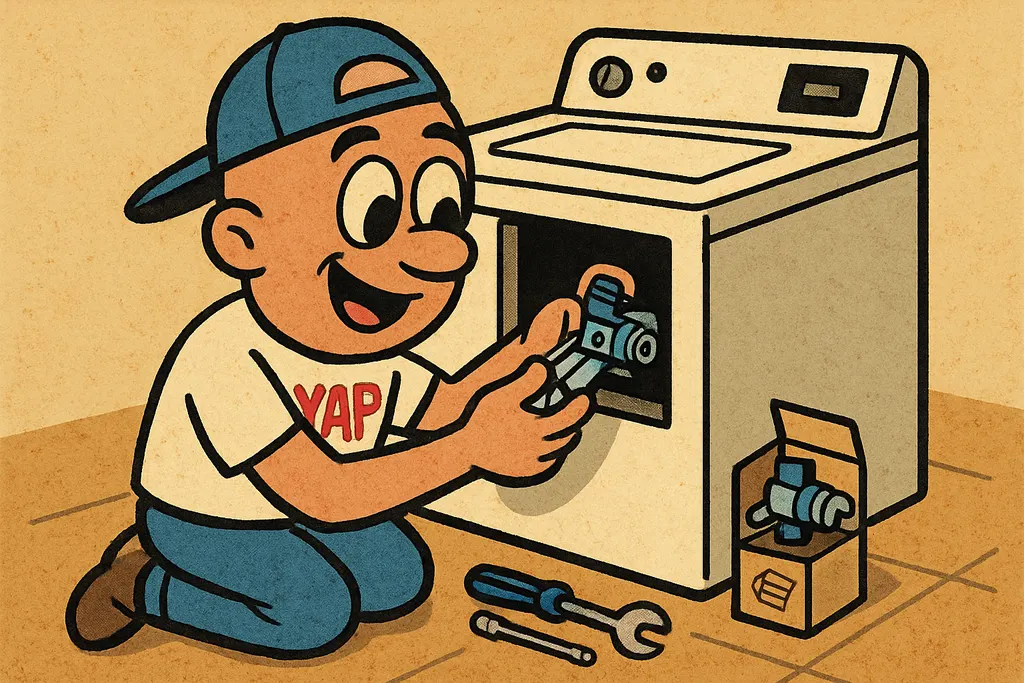 YAP Dude kneeling on a laundry room floor, his hands carefully installing a new 