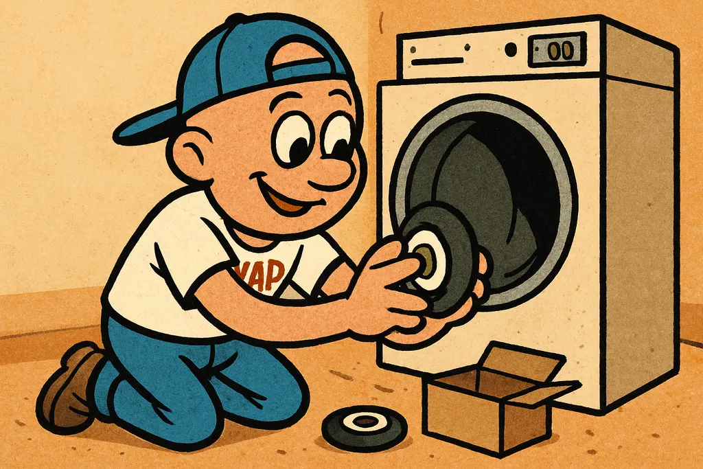 Cartoon scene in a home laundry room. YAP Dude is kneeling in front of a disasse