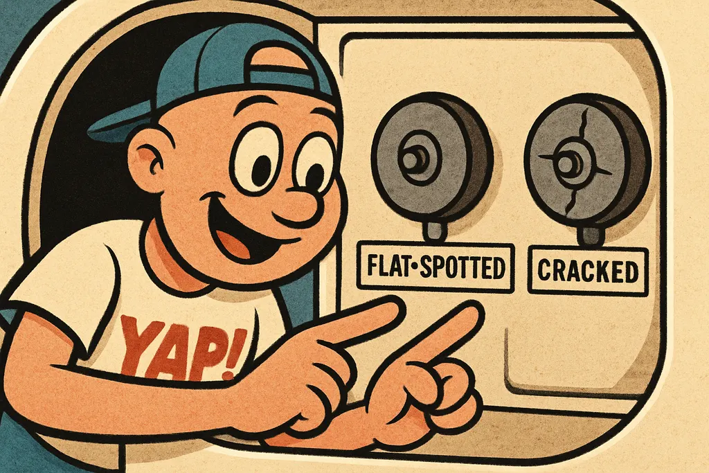 Cartoon close-up scene inside the drum cabinet of a Maytag dryer. YAP Dude is le