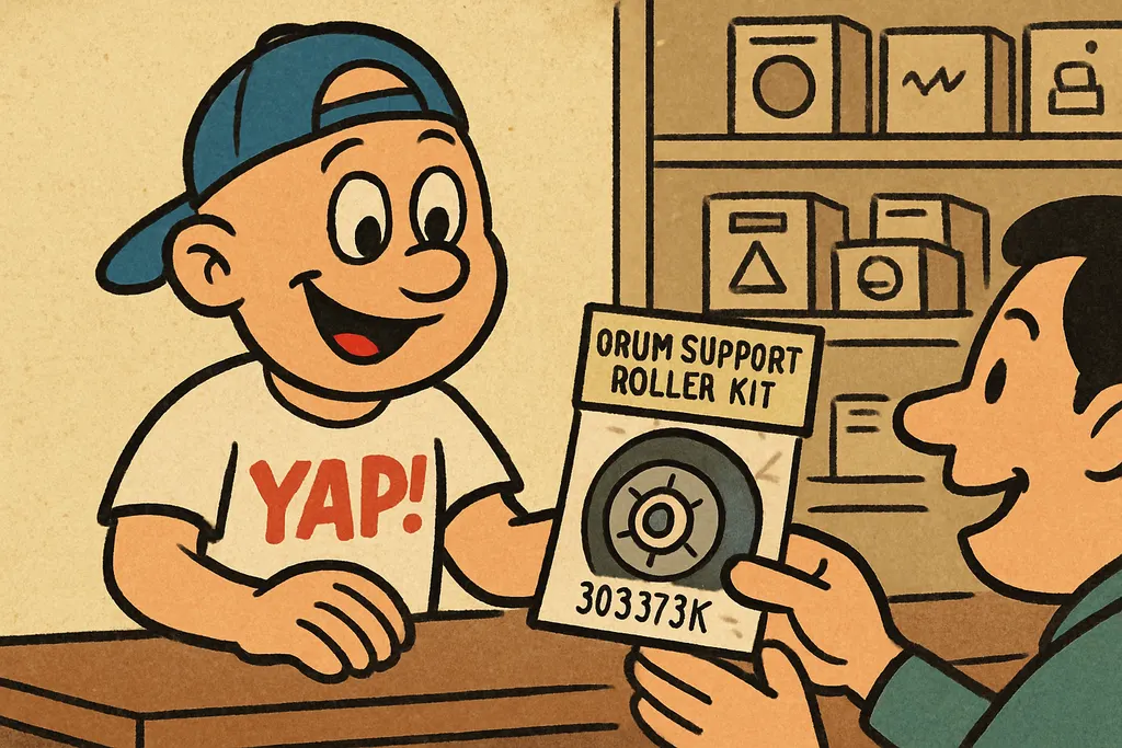 Cartoon scene inside the YAP appliance parts store in Piedmont, OK. YAP Dude is 