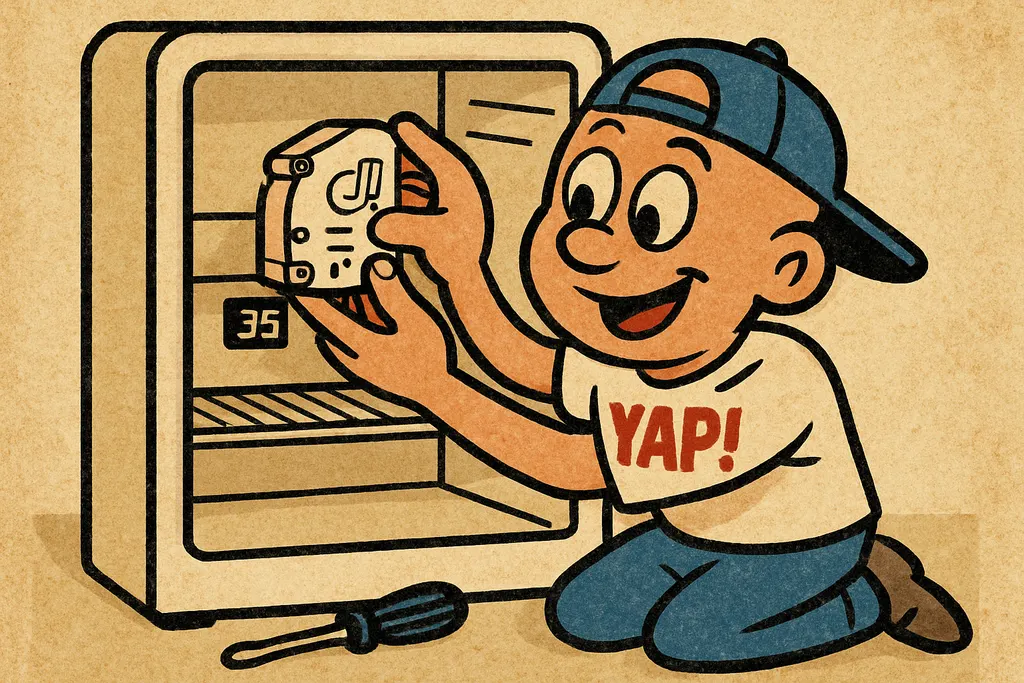 Cartoon action scene. YAP Dude kneeling beside an open GE refrigerator, his han