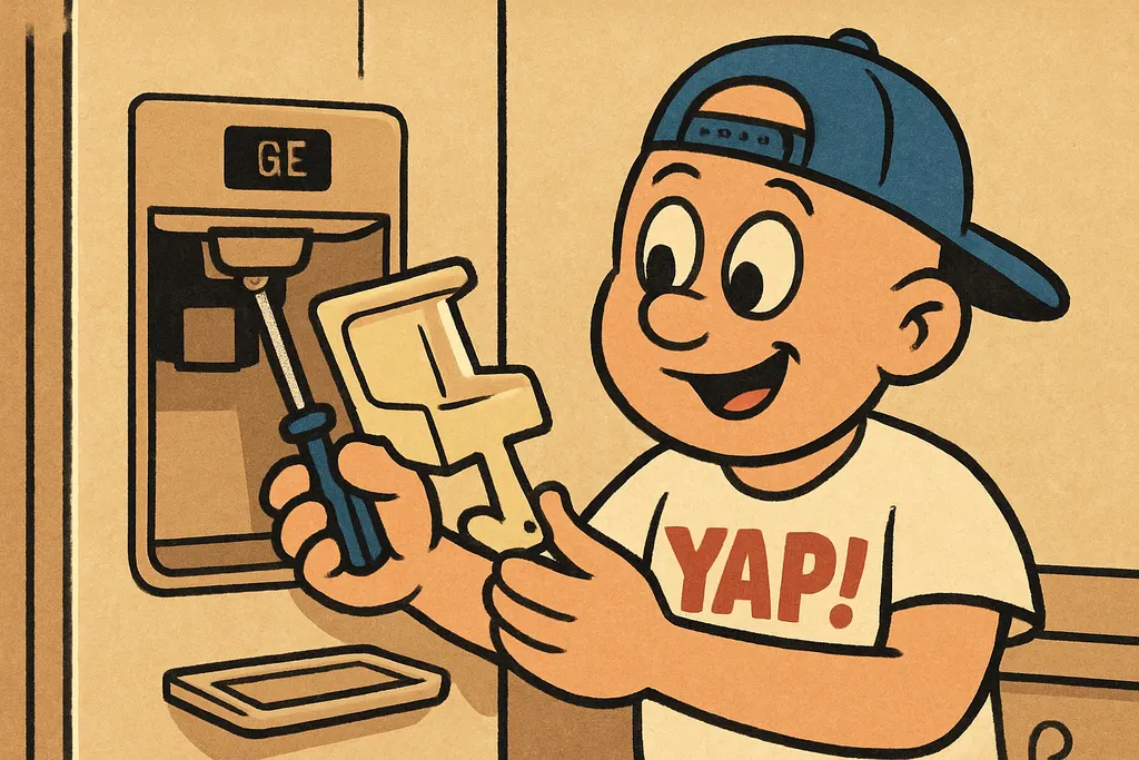 Cartoon scene in a home kitchen. The YAP Dude is installing a brand-new Samsung 