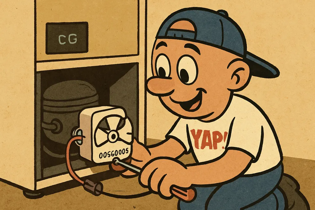 YAP Dude kneeling behind a Bosch refrigerator with the rear access panel removed