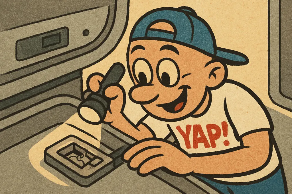 Cartoon close-up scene of the inside of an LG dishwasher door. YAP Dude is leani