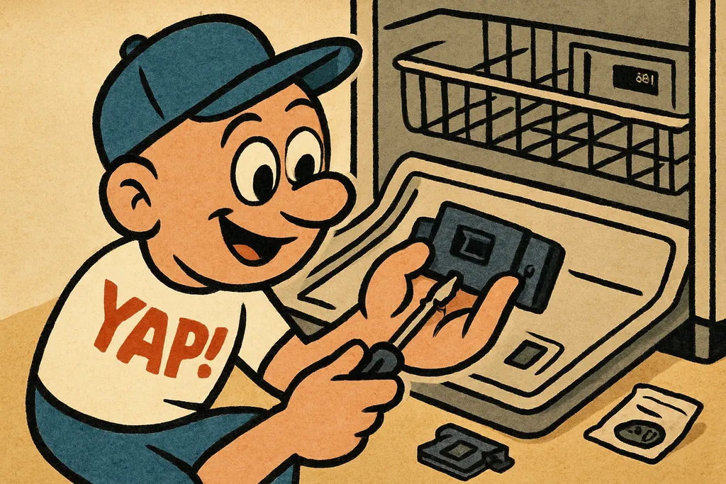 Cartoon scene of YAP Dude crouched in front of an LG dishwasher with the inner d