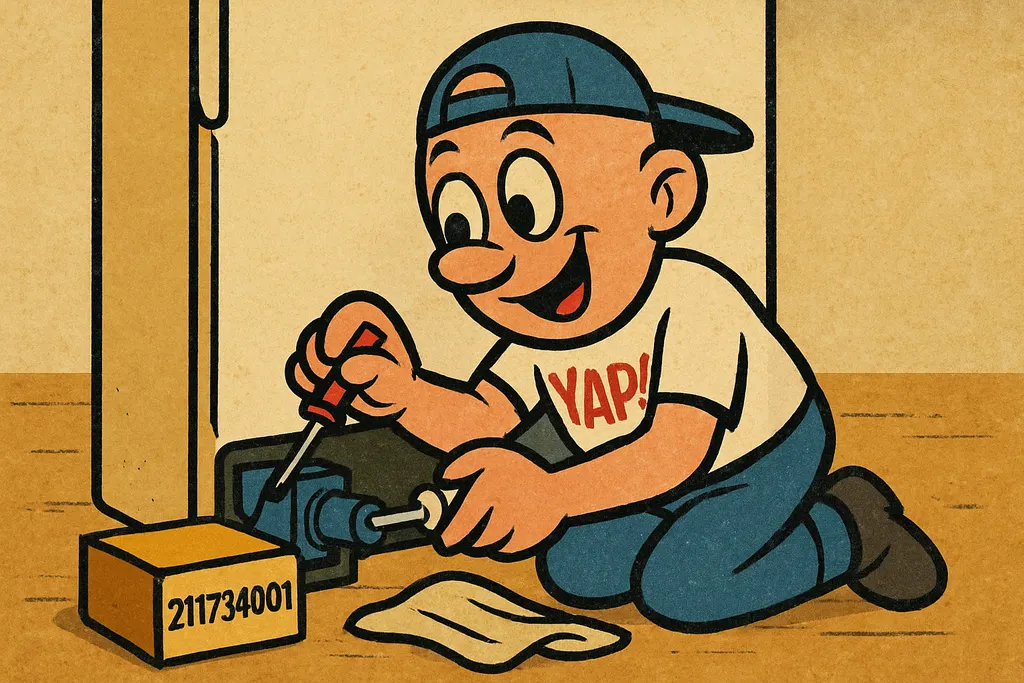 Cartoon action scene. YAP Dude is kneeling at the lower rear of a Frigidaire ref