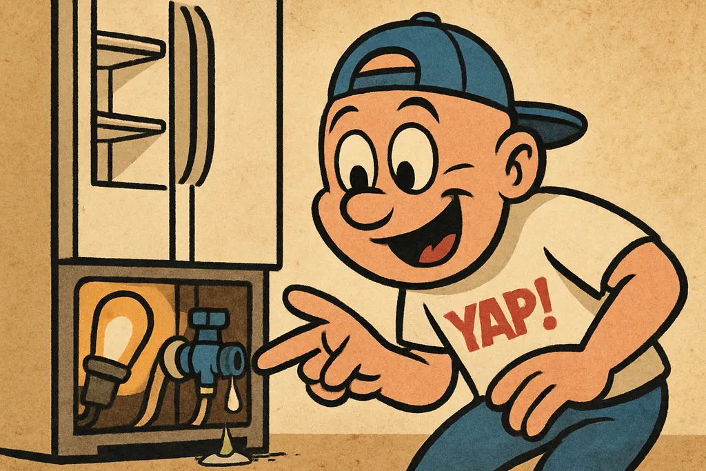 YAP Dude leaning in close to the open dispenser panel on a Whirlpool refrigerato